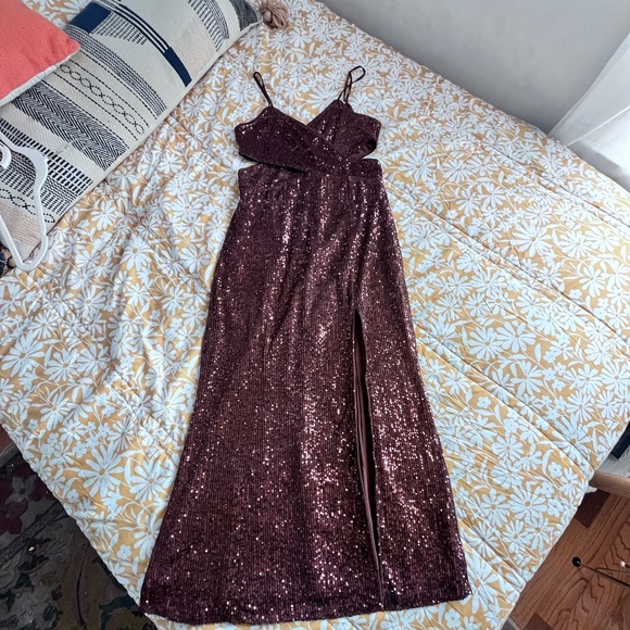 Saylor Harmonie sequin midi brown cocktail dress cutout adjustable strap slit M - Picture 4 of 7